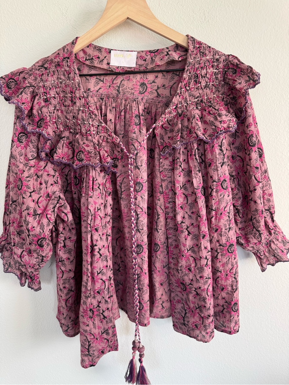 LLANI For Free People Open Front Pink Floral Boho Peasant Blouse Ruffle Top L